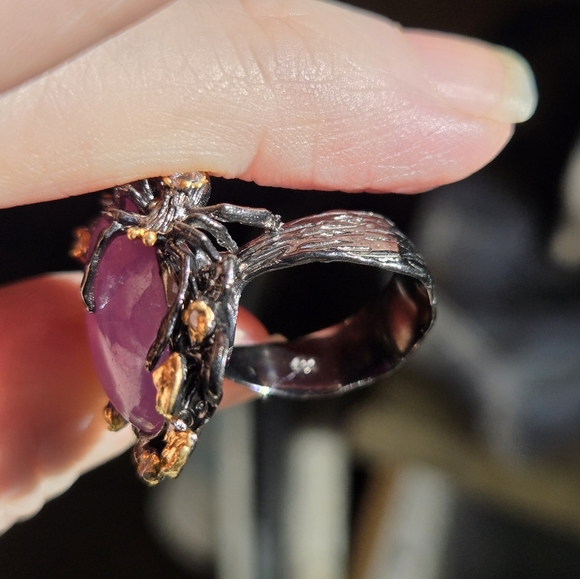 Ruby pink 24k & Topaz sterling rhodium & gold ring with 🕷 🕸 spider sz7 - Picture 6 of 7